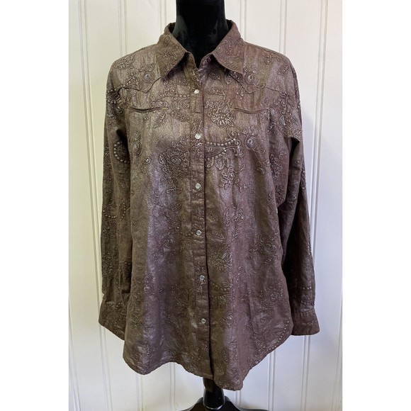 Vintage Wrangler Women Pearl Snap Button Up Shirt Brown Stitched Floral Size XXL - Picture 1 of 15